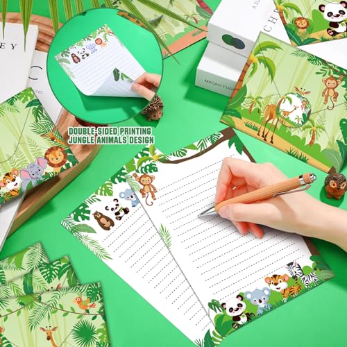 Image of TaoBary 160 Pcs Safari Animal Stationery Paper and Envelopes Set 50 Double Sided Lined Stationery Paper with 50 Matching Envelopes and 60 Round Dot Sticker 5.5 x 8.25'' Letter Writing Kit, 10design