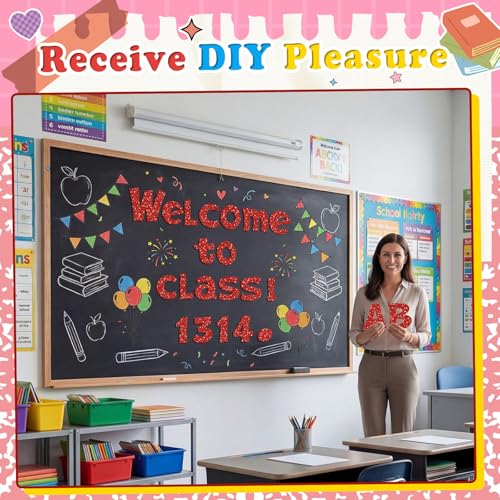 Image of Colarr 144 Pcs Glitter Bulletin Board Letters for Classroom Number Alphabet Punctuation Symbol Cutout 4'' Die-Cut Poster Letter with Adhesive Dot School Party Holiday Decor Display(Red)