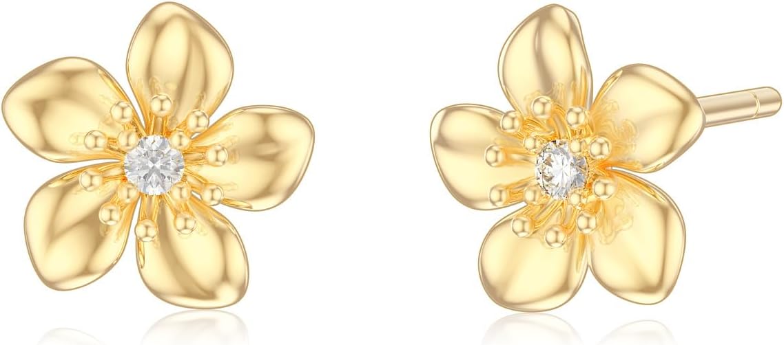 14k Gold Flower Stud Earrings for Women With Push Backs, Yellow Gold Blossom Flower Moissanite/Diamond Earring, Anniversary Mothers Day Jewelry Gifts for Mom/Wife/Friend