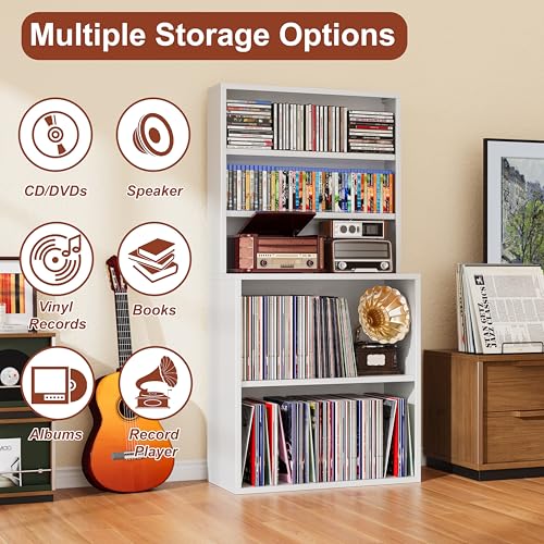 Image of DVD Storage Cabinet, Record Player Stand, White | Heavy-Duty Metal, Media Storage Shelf, Open Display Shelves for LPs, CDs, Books & Audio Equipment, Modern DVD Shelf Organizer