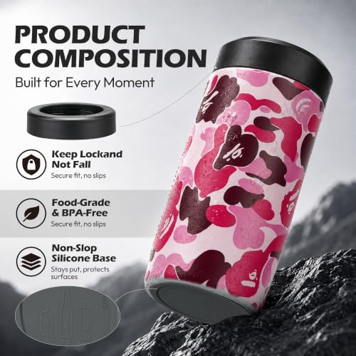 Image of 4-in-1 Slim Can Cooler Easy to Hold Insulated Beer Can Holder Double-walled Stainless Steel for All 12 Oz Cans (Camouflage Pink)