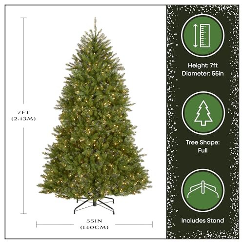 Image of National Tree Company 7 ft Pre-Lit Dunhill Fir Full Artificial Christmas Tree, 700 Warm White LED Lights, 2,144 Tips, Includes Stand, Green