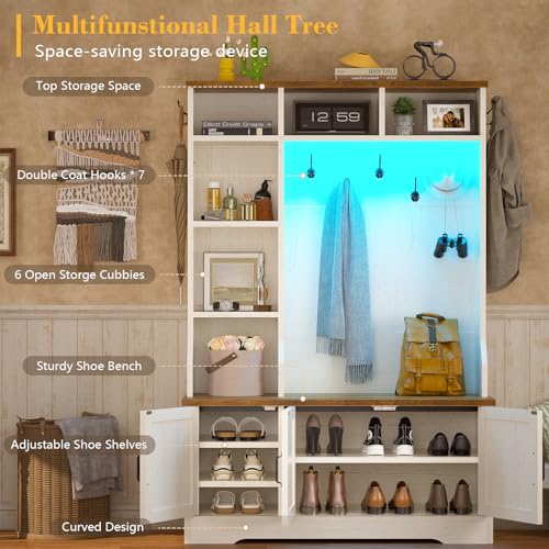 CSZZD-Hall-Tree-with-Bench-Entryway-Coat-Rack-with-Shoe-Storage-Farmhouse-Entryway-Bench-with-Led-Lights-7-Coat-Hooks-6-Storage-Cubbies-Adjustable-Shelf-Spacious-Shoe-Storage-Bench