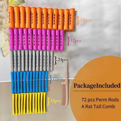 72pcs Perm Rods Set for Natural Hair - Plastic Cold Wave Rods Hair Rollers Curling Rod for Women DIY Hairdressing Tools（Orange+Purple+Gray+Blue+Yellow）