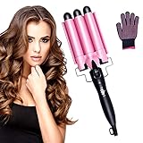3 Barrel Curling Iron 25mm, 1-Inch Crimper Hair Iron Temperature Adjustable, Hair Crimper Ceramic Tourmaline Fast Heating Curling Wand with Heat Resistant Glove(Pink)