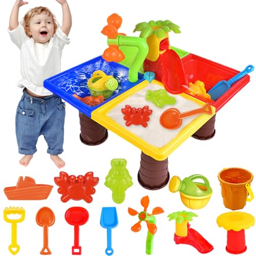 Shinybox 4 en 1 Mesa de Arena y Agua, 25 Piezas Mesa de Agua Niños, Juego de Juguetes de Arena, Mesa de Juego de Arena y Agua, Mesas de Juegos Exteriores para Niños y Niñas