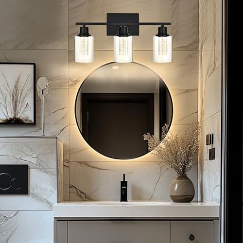 Image of Bathroom Vanity Light Fixtures, 3-Light Integrated LED Lighting Fixtures Over Mirror with Crystal Bulb Clear Glass Shade Modern Black Vanity Light for Bathroom(LED Bulbs Included)