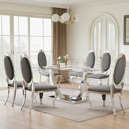 Modehodei 63” Glass Dining Table Set for 6, Modern 7 Piece Clear Glass Kitchen Table and 6 Oval Backrest PU Leather Chairs, Luxury Dining Room Set for Kitchen (Silver,Gray)
