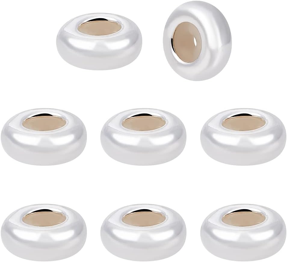 BENECREAT 8 Pcs 925 Silver Round Bead Charm, 7.5 Diameter Silver Silicone Flat Beads, Sterling Silver Rondelle Beads, for Making Charm Bracelets and Jewelry
