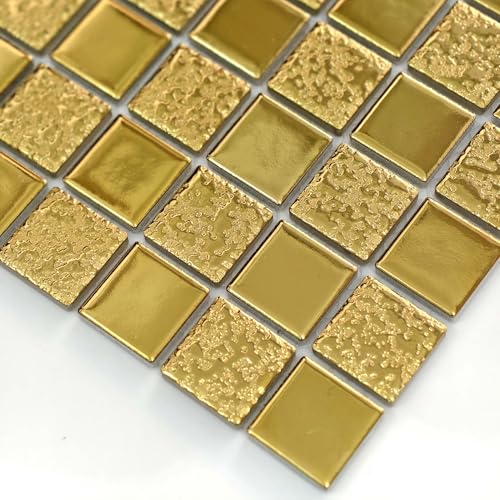 Hominter Gold Mosaic Ceramic Tile Glossy Textured Porcelain for Backsplash in Kitchen & Bathroom, Shower Floor and Wall, Fireplace Decor (5 Square Feet) - Image 4