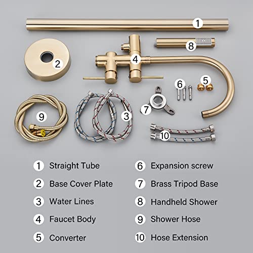 Yagatap Freestanding Bathtub Faucet Floor Mount Tub Filler Brushed Gold High Flow Shower Faucets With Handheld Shower Mixer Taps Swivel Spout… #TOP7