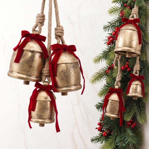 Rustic Golden Christmas Bell Ornaments & Velvet Bows - Set of 3 Large Bells