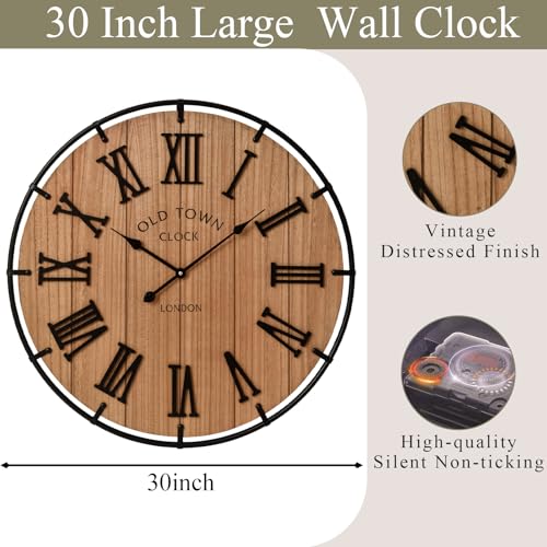 Image of EMAX HOME Inch Large Farmhouse Wall Clock, 3D Raised Roman Numerals on Wooden Background, Silent Quartz Movement, Black Metal Frame for Easy Reading in Entryway, Hallway, or Dining Room