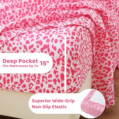 Image of Mooreeke Leopard Cheetah Printed Twin Bed Sheets, Soft Microfiber Bedding Sheets & Pillowcases, Deep Pocket Non-Slip Fitted Twin Sheet, Pink Animal Pattern Bedsheets