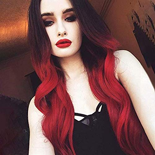 Long Wavy Ombre Red Lace Front Wig for Women Glueless Synthetic Hair with Dark Roots Heat Resistant Replacement Wig（24inch）