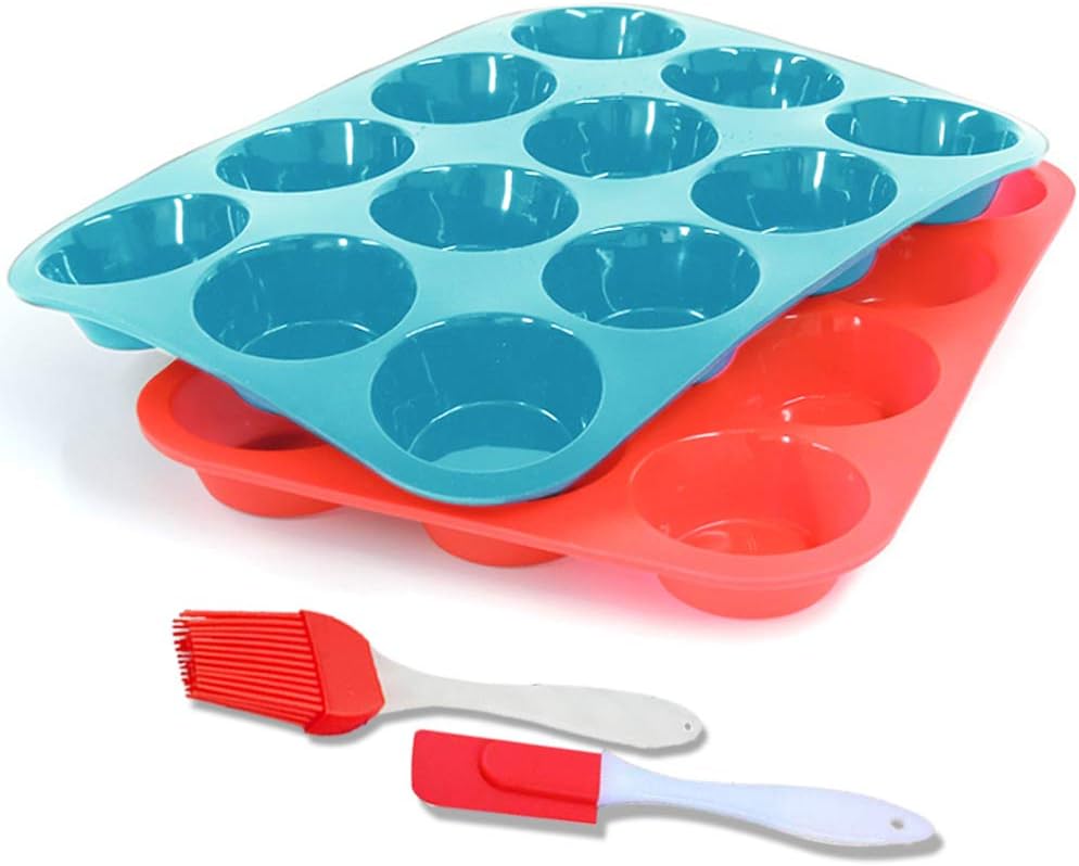 Muffin Tray 12 Cup Silicone Muffin Pan, Non-Stick Muffin Cupcake Tin, Baking Mould for Muffins or Cupcakes, Bakeware, Pudding, Brownies(2pack)(Red+Blue)