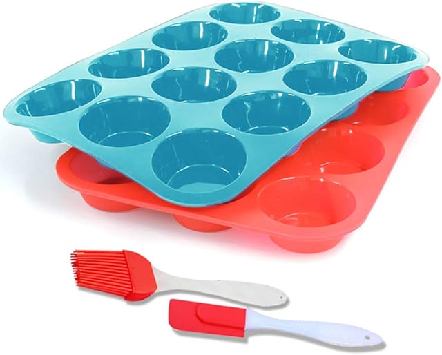 LJNH Muffin Tray 12 Cup Silicone Muffin Pan, Non-Stick Muffin Cupcake Tin, Baking Mould for Muffins or Cupcakes, Bakeware , Pudding, Brownies(2pack)(Red+Blue)