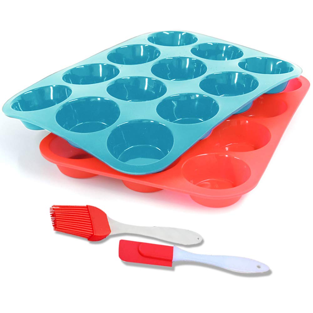 Muffin Tray 12 Cup Silicone Muffin Pan, Non-Stick Muffin Cupcake Tin, Baking Mould for Muffins or Cupcakes, Bakeware, Pudding, Brownies(2pack)(Red+Blue)