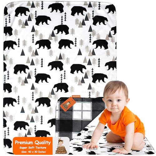 Image of Dear Baby Gear Reversible Baby Blanket, Soft Nursery Cover for Newborn, Breathable, Lightweight Receiving Swaddle, Blanket for Girls and Boys, Black Bears, Geometric Trees /Black&White Plaid, 40 x 30in