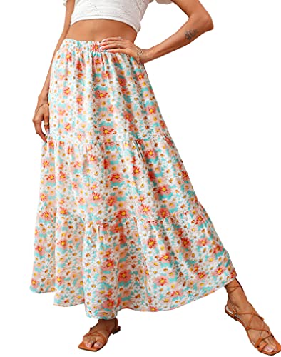 Image of KIRUNDO Maxi Skirts for Women Summer Boho Floral Long Skirt | High Waist Tiered Flowy Skirt, 2026 Spring Fall Fashion, Casual Teacher Outfits, Beach Vacation Clothes, Cruise Resort Wear