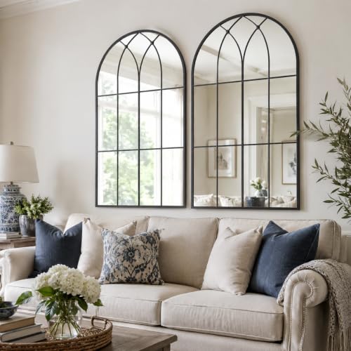 Image of Uniclinens Window Arched Wall Mirror - Large Farmhouse Black Cathedral Gothic Mirror for Wall Decor with Arched Metal Window Pane Frame, Ideal for Entryway, Fireplace, Living Room, Bathroom 40 inchX24 inch