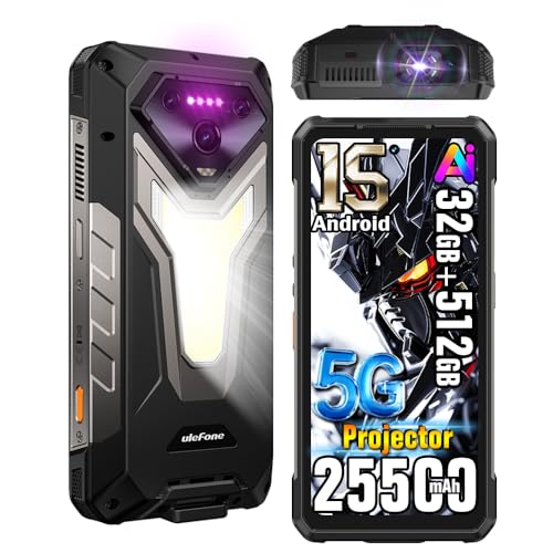 Ulefone Armor 34 PRO Plus 5G AI Rugged Smartphone with Projector.25500mAh(66W),32GB+512GB Andriod 15 Phone,6.95 FHD+ Display,64MP+50MP+50MP Camera,1100 lumens LED Light,Widevine L1,WiFi 6E, NFC