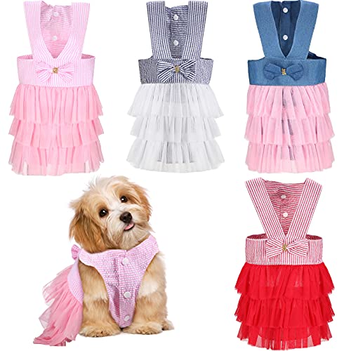 4 Pieces Pet Striped Dresses Cute Dog Princess Dresses with Sweetie Bow Knot Puppy Princess Skirts for Dogs Cats Pets