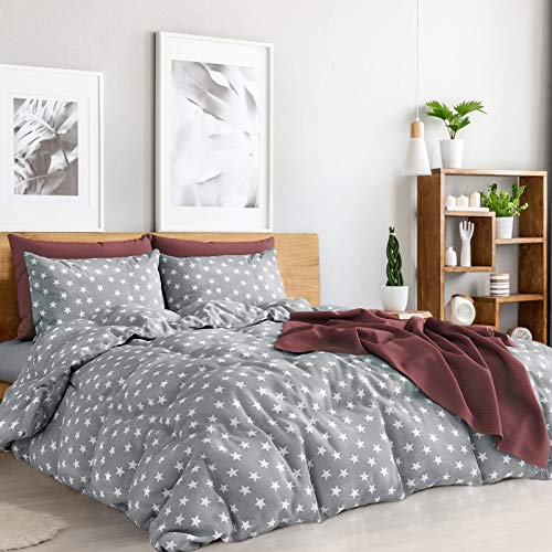 Duvet Cover Queen 4 Pieces Set Grey & White Stars Egyptian Cotton Deep Pocket Queen Sheets Light Grey Bedding Sets Queen Duvet Covers Sheets Queen Size