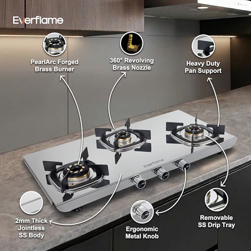 Image of Everflame Photon 3 Burner Gas Stove | Manual Ignition | 5G Brass Burners | ISI Certified | SS Cooktop | 5 Years Warranty on (Body & Burners) + 2 Year Comprehensive Warranty + Doorstep Service