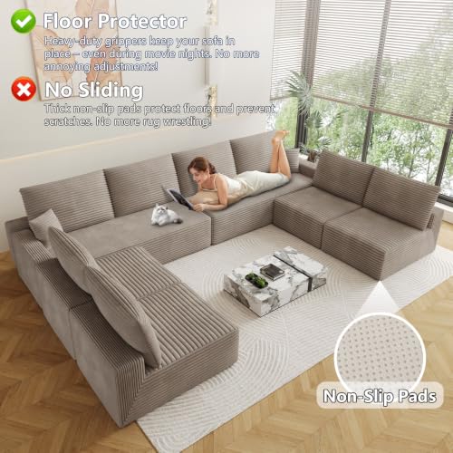 Image of Oversized Modular Sectional Sofa Couch, Large 8 Seater Corner Sofa Modern U Shaped Sectional Couch Cloud Couches for Living Room, Office, Spacious Space, Corduroy, No Assembly Required, Camel