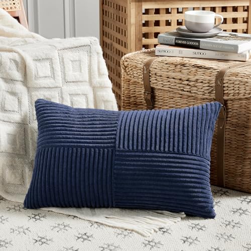 Image of Fancy Homi 2 Packs Navy Blue Lumbar Decorative Throw Pillow Covers 16x32 Inch for Living Room Couch, Rustic Farmhouse Boho Home Decor, Soft Striped Corduroy Rectangle Accent Cushion Case 40x80 cm