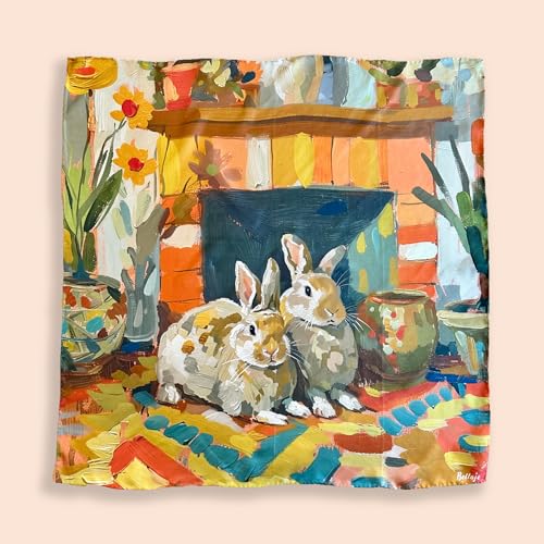 100% Silk Square Scarf - Rabbit 27x27"/70x70cm, Mulberry Twill Silk Bandana with Hand-rolled Edges, Oil Painting Bunny, Gift for her and him2