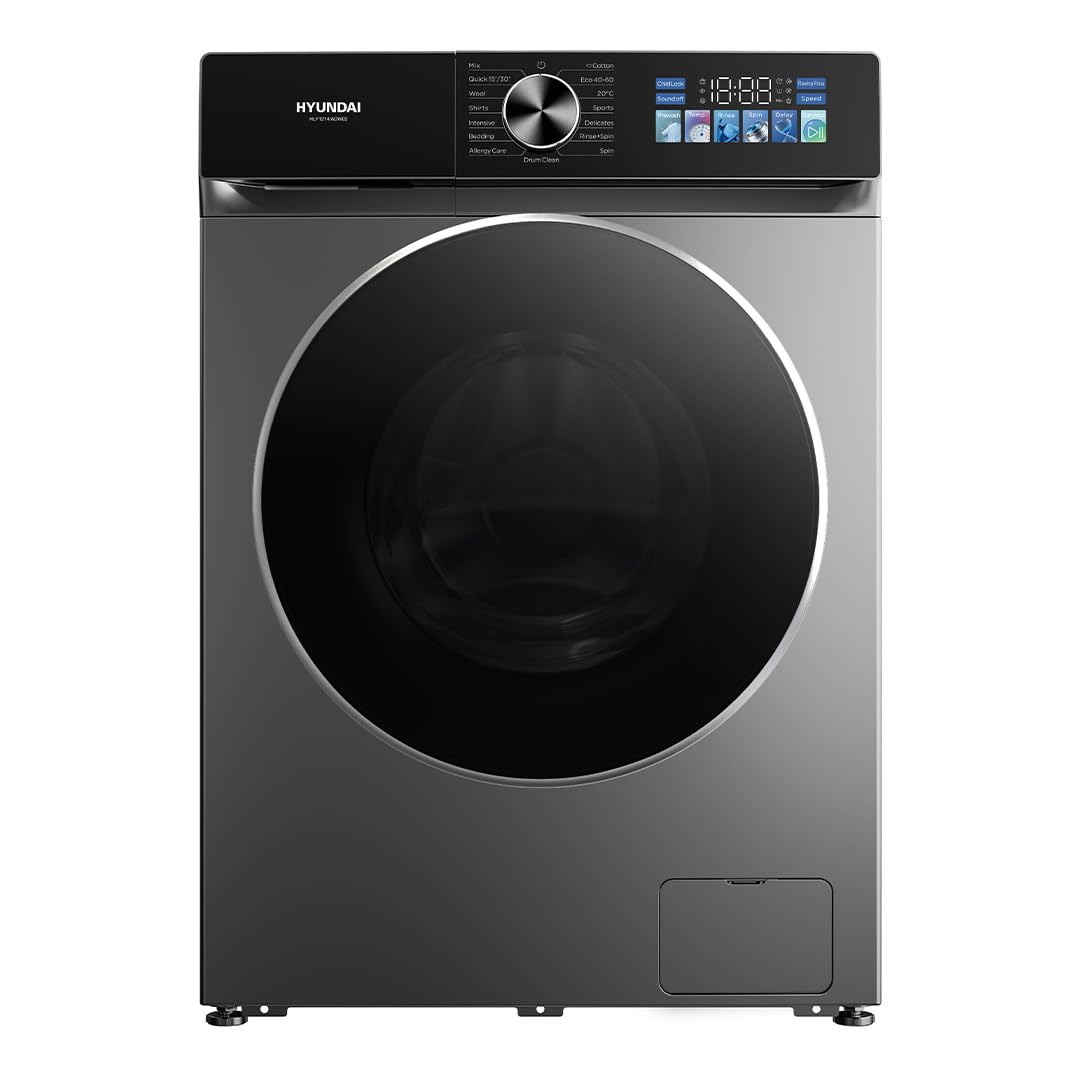 Hyundai Lavadora 8 kg Carga Frontal, Inox, HLF814IADI00. 1400W, 1400 rpm, Motor Inverter, 15 Programas, Eco-logic System, Tambor Acero Inoxidable, Clase de Eficiencia Energética A