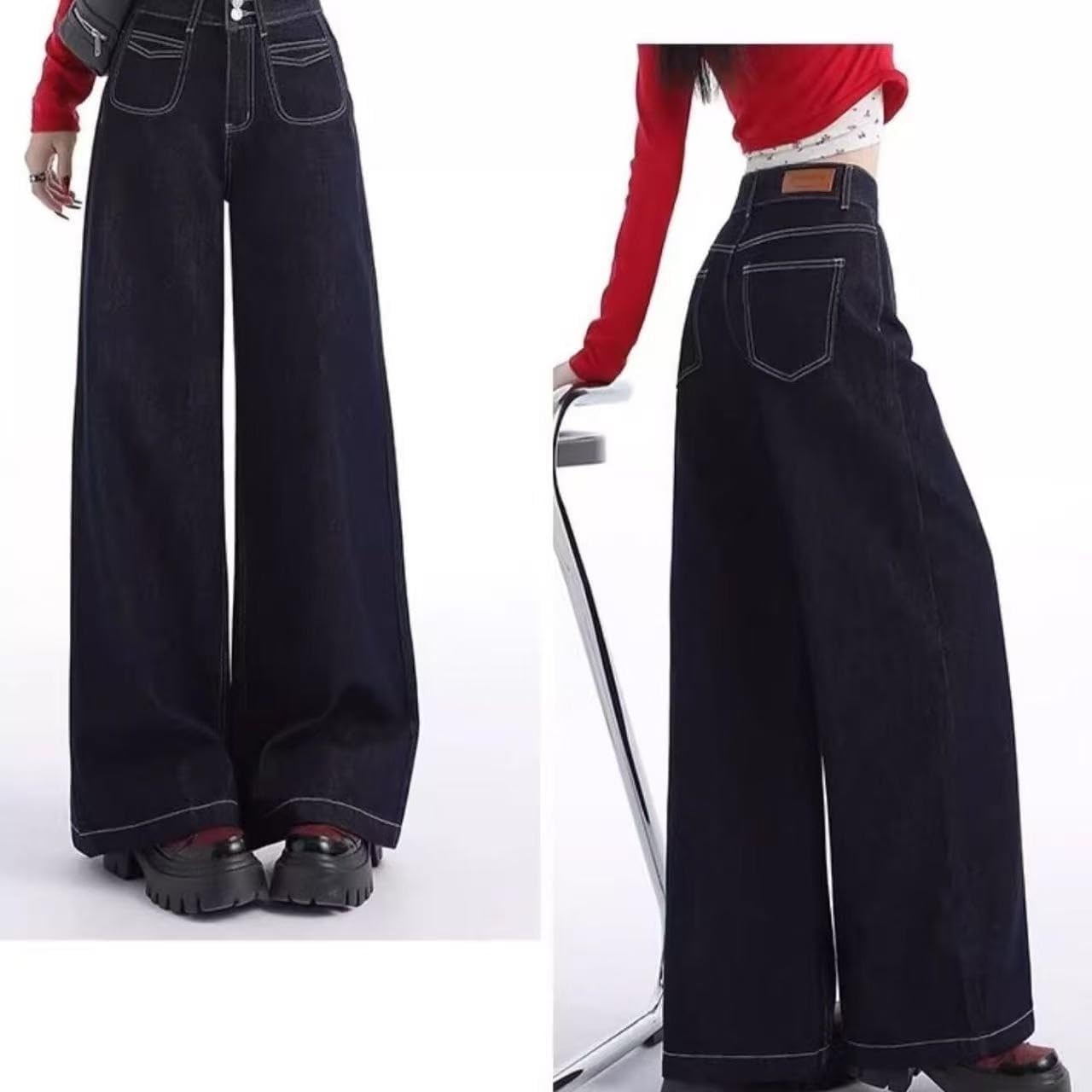 Retro Jeans for Women in Spring and Autumn Loose Waist Straight Draping Slightly Floor Pants