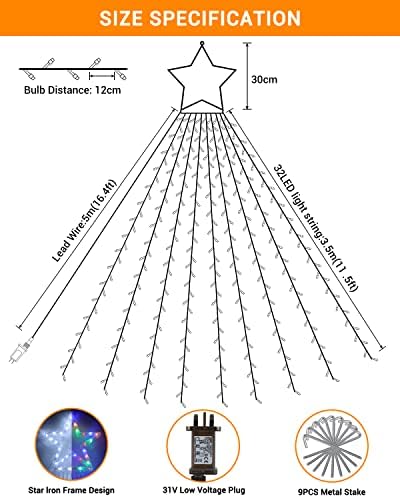 3.5M Waterfall Tree Lights with White Topper Star, 8 Modes Timer Waterproof 9 Strands × 317 LED Christmas Lights , Indoor Outdoor Decorative for Patio Garden Wedding Decor - - White & Multi Color