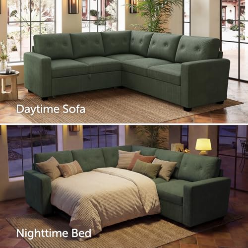 Image of HONBAY 5-Seater U-Shaped Sectional Sleeper Sofa with Pull-Out Bed, Corduroy Sectional Sofa for Living Room, Green