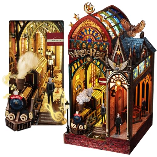 Image of Book Nook Kit - DIY Miniature House Shelf Insert with LED Lights & Music, Retro Train Station 3D Wooden Puzzle for Adults, Bookshelf Decor Gift for Home Office Desk (Magic Train Station)