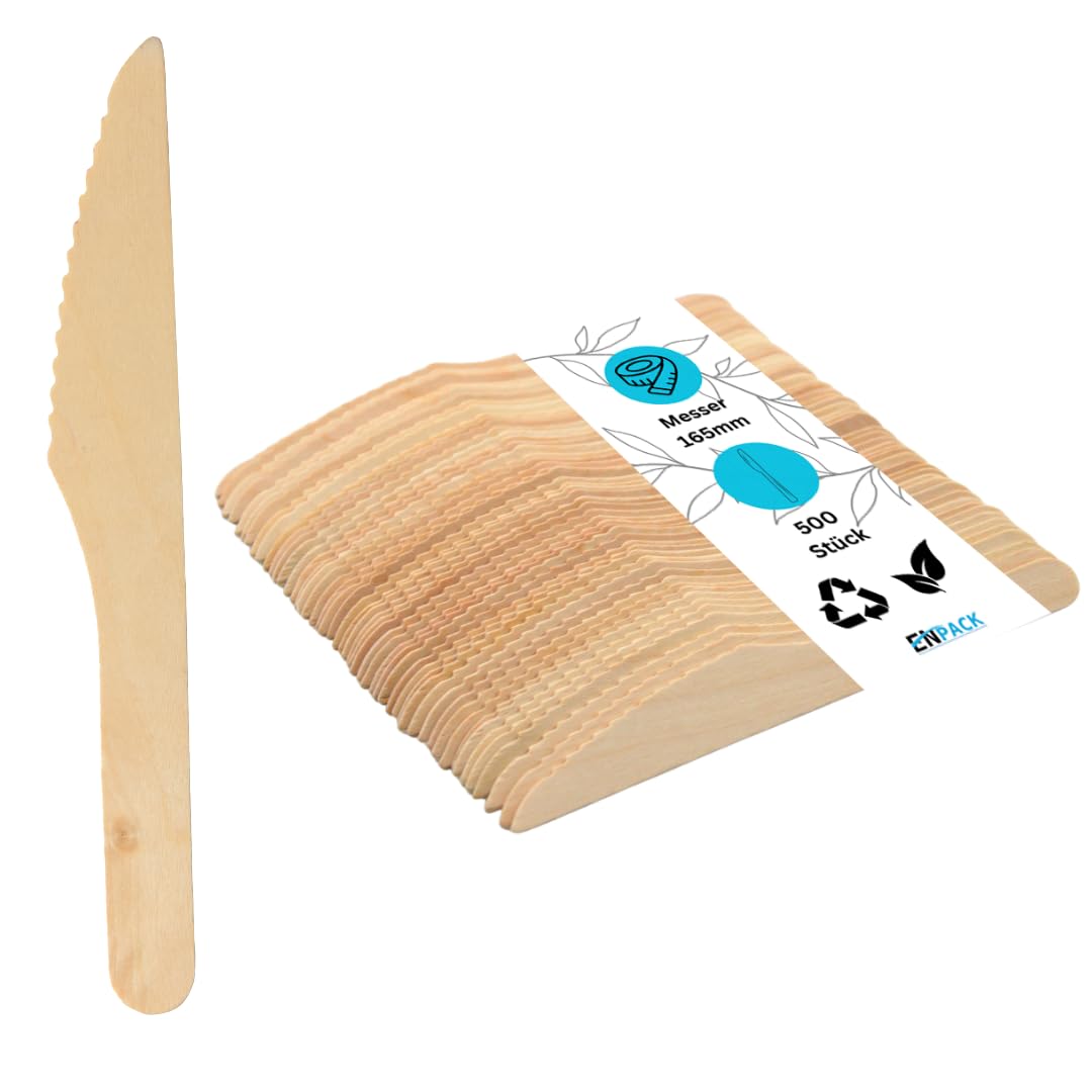 Enpack Einwegmesser aus Holz 500 Stück - umweltfreundliche holzmesser 165mm Partybesteck - Einweg Messer - Holzbesteck Einweg - wooden knife Messer aus Holz