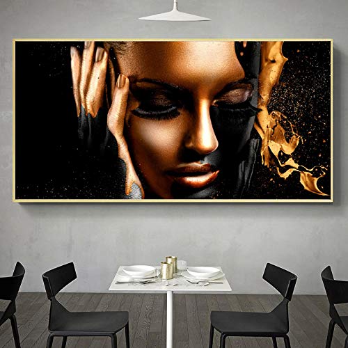 Peinture femme africaine or et noir 80x160 cm sans cadre pour salon