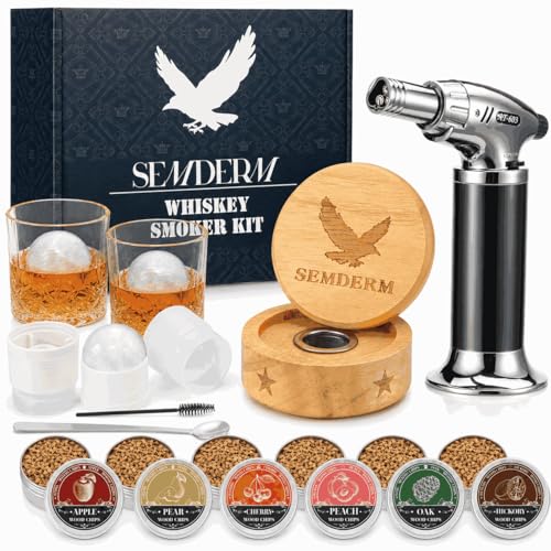 Bourbon Whiskey Smoker Kit with Torch - Old Fashioned Cocktail Smoker Kit with 2 Whiskey Glasses, 6 Wood Chips - Valentines Anniversary Birthday Gifts for Men Dad Husband Boyfriend (No Butane)