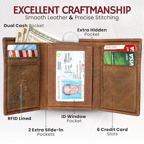 Image of BULL GUARD RFID Genuine Leather Trifold Wallets for Men ID Window, Secret Pocket, Adventure Brown - Vintage Crazy Horse, 3.25 x 4.25, Classic
