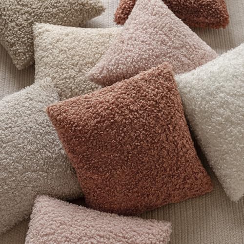 Image of Foindtower Set of 2 Curly Teddy Wool Pillow Covers Decorative Boucle Textured Lumbar Throw Pillow Faux Fur Sherpa Pillowcases Sheepskin Fuzzy Cushion Case for Sofa Bedroom Car 12 inchx20 inch Dusty Pink