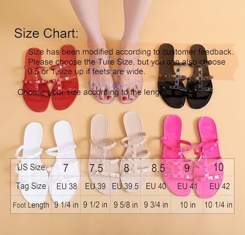 Image of Women Flats Sandals, Studded Jelly Shoes Size 9 Red Dressy Summer Beach Rivets Strappy Jellies Slide Slip On Open Toes