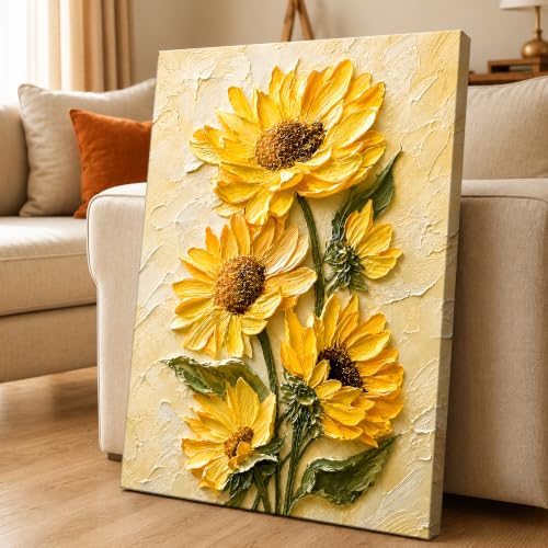 Image of PAINTINGMANTRA Textured Embossed Floral Canvas Wall Art Painting for wall decoration, Vibrant Yellow Sunflower Motifs Stretched Canvas Painting for living room, bedroom, office and Home, 16x22 Inch