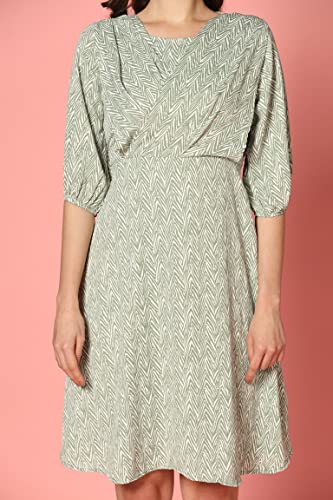 Image of Leriya Fashion Dresses for Women | Fancy Rayon Zig Zag Printed Faux Wrap Western Dress | Fit & Flare Knee Length Dresses for Girls | Loose Narrow Elastic Cuffs Sleeves