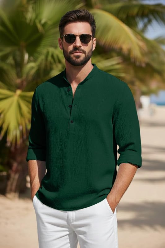 Image of Men's Cotton Blend Short Kurta with Collared Neck Full Sleeves Solid Pattern Western Style Regular Fit and Standard Length