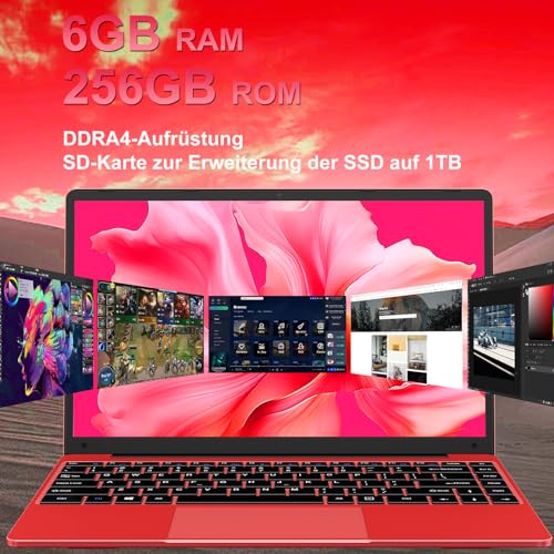 AOCWEI Laptop Celeron N4020 Up to 2.8Ghz, Laptops 14 Inch Win 11 Con 5G WiFi 6+256GB SSD Erweiterung 1TB, BT 4.2 1920 * 1080 FHD Mini Multimedia Anschluss, Notebook with Deutscher Keyboardfilm-Red – Bild 4