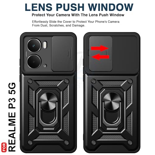 Image of AESTMO Tough Armor Realme P3 5G Bumper Back Case Cover | Ring Holder & Sliding Camera Shield Cover | 360 Degree Protection Back Case Cover for Realme P3 5G (Black)