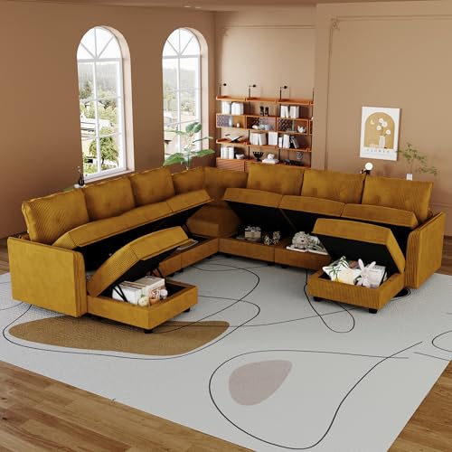 Image of LLappuil Modular Sectional Sofa with Storage, U-Shaped 9-Seat Corduroy Couch with 8 Throw Pillows, Pet-Friendly Convertible Pit Sofa for Living Room, Skin-Friendly & Soft, Yellow