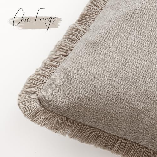 Image of Foindtower Set of 2 Decorative Linen Fringe Throw Pillow Covers Boho Farmhouse Cushion Cover with Tassels Soft Accent Pillowcase for Couch Sofa Bed Living Room Home Decor,26x26 Inch,Natural Linen